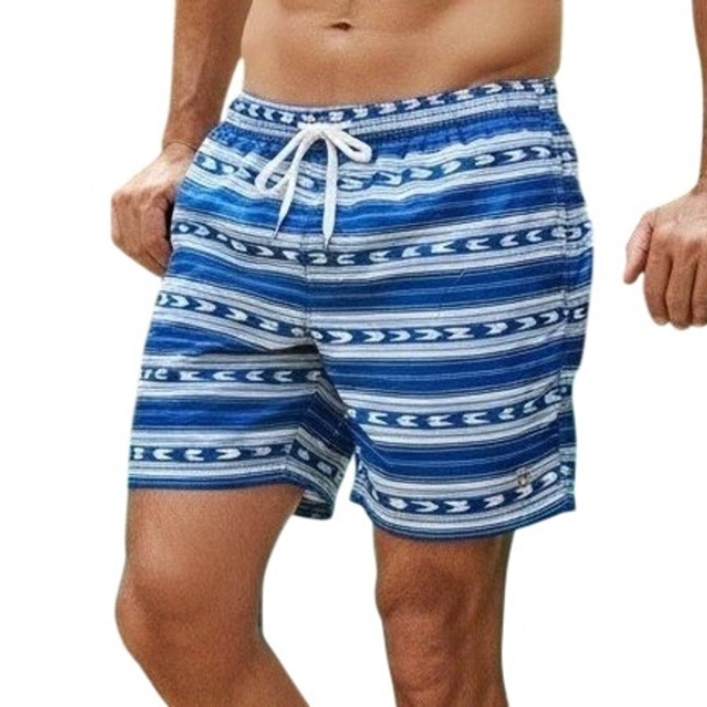 Tommy Bahama Men's L Blue Relax Swim Trunks Striped Polyester Swimwear